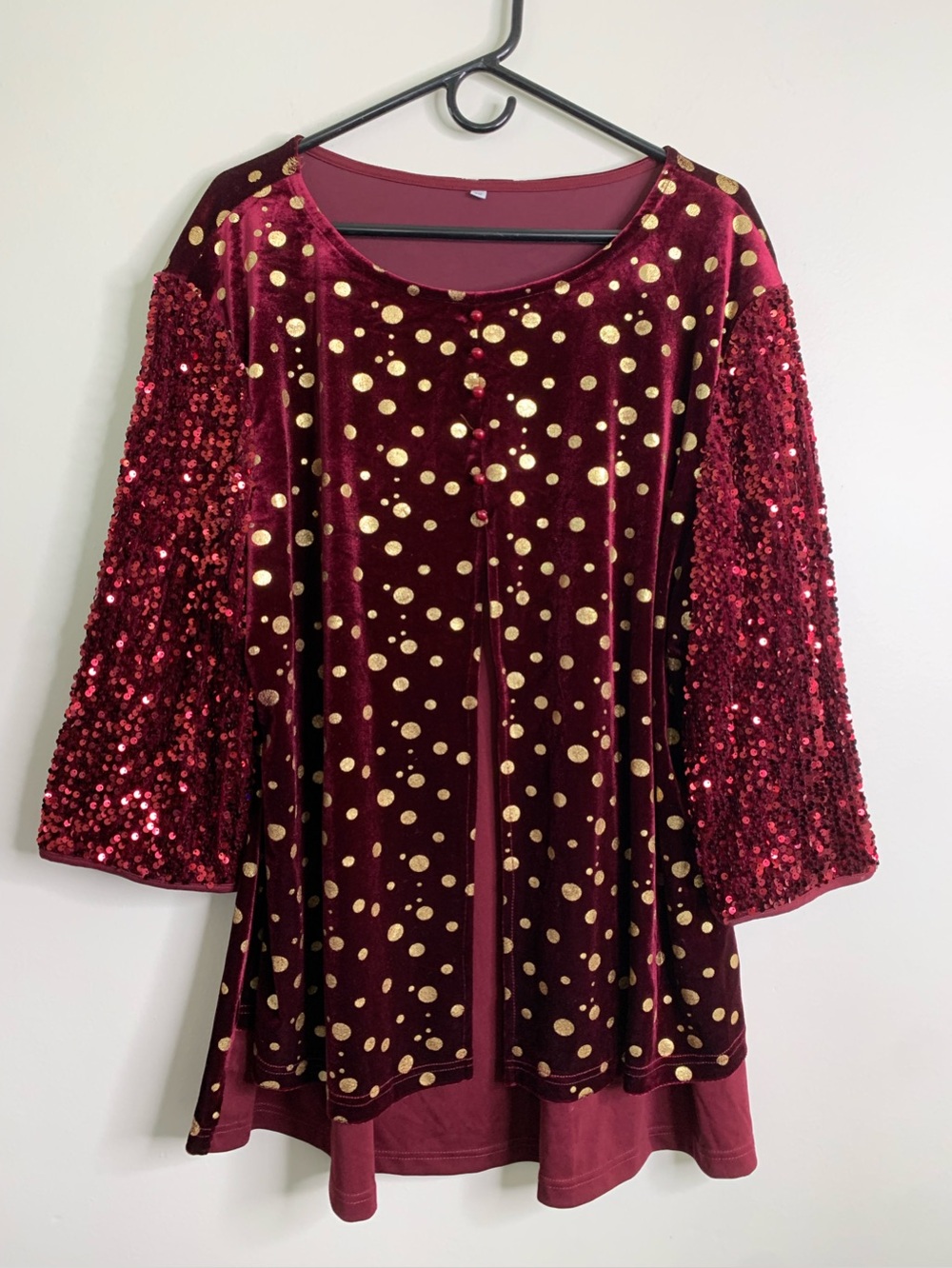 3X NWOT Burgundy Velvet Top Gold Dot Prints and Sequin Sleeves.